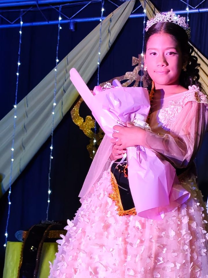 Solangela con vestido rosado de mariposas y corona